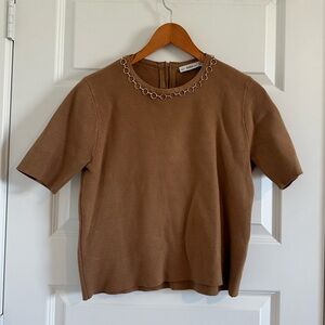 Zara Knit Short Sleeve Camel Colored Sweater with Ring Decoration Around Neck